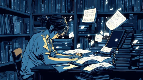 Studious Reader in a Book-Filled Library