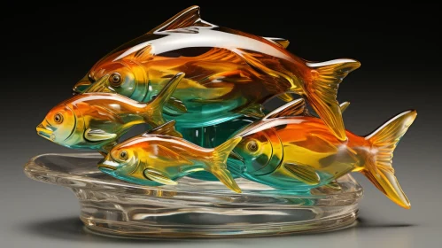 Captivating Glass Sculpture of Swimming Fish | Vibrant Cyan and Amber Tones
