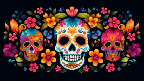 Colorful Sugar Skulls Artwork with Floral Surroundings