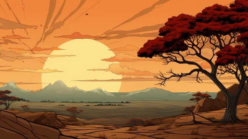 Comic Art Style Desert Landscape at Sunset