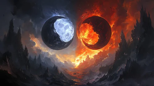 Cosmic Balance: Fire and Ice Spheres