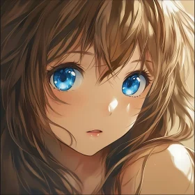 Close-up Anime Portrait of a Girl with Blue Eyes and Brown Hair