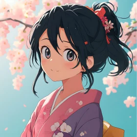 Anime Girl with Floral Kimono and Blossoms