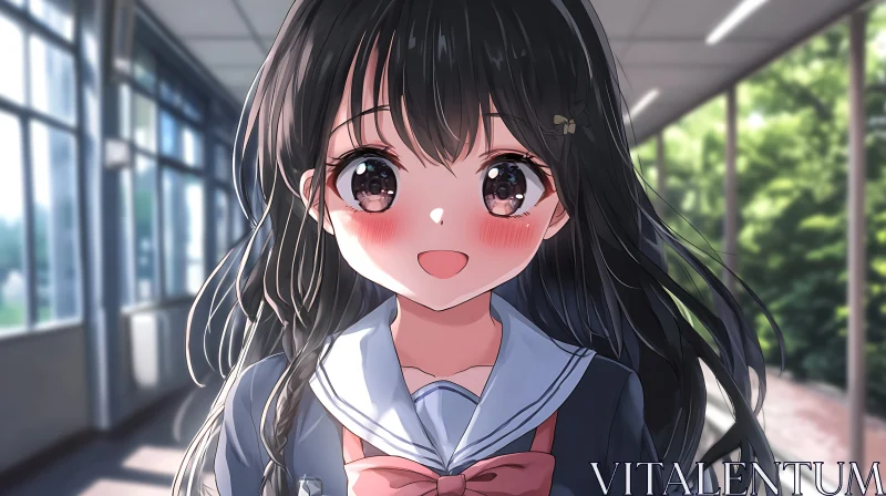 Happy School Girl Anime Art in Corridor AI Image