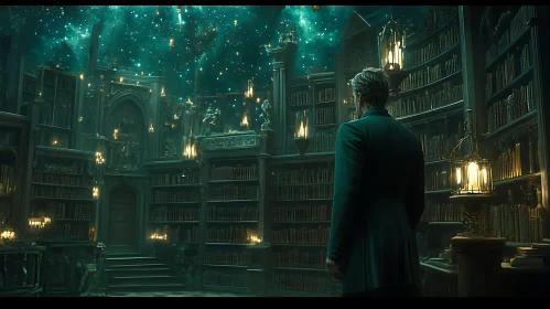 Grand Library with Celestial Sky