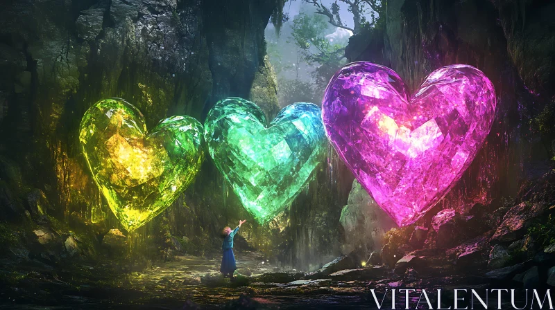 Glowing Crystal Hearts in Magical Cave