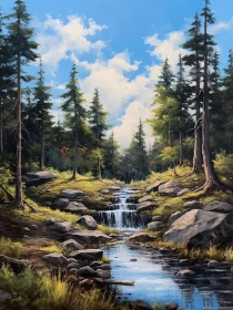 Tranquil Forest Waterfall Landscape Painting