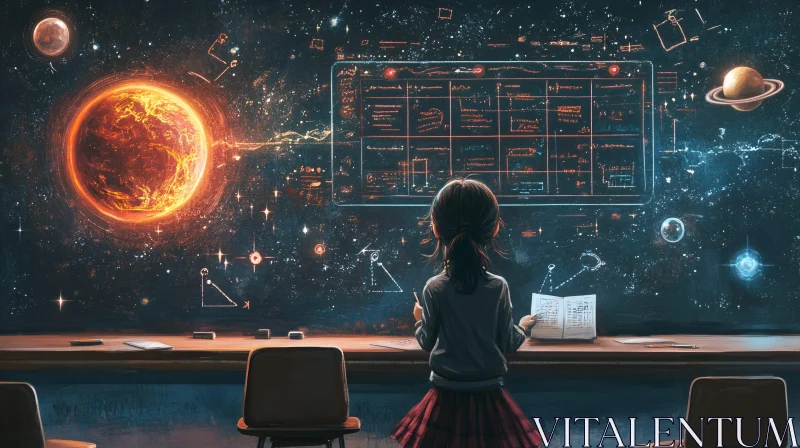 AI ART Girl Studying Astronomy in Space Classroom