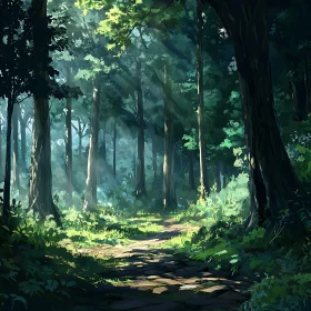Serene Woodland with Sunlight and Trees
