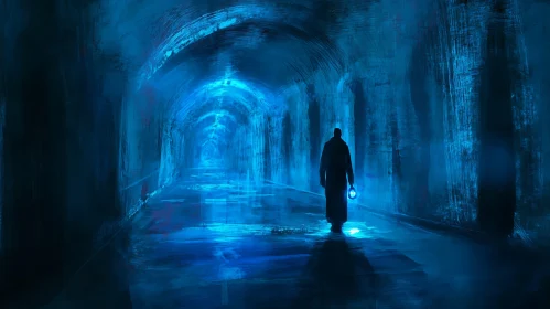 Figure with lantern in blue tunnel
