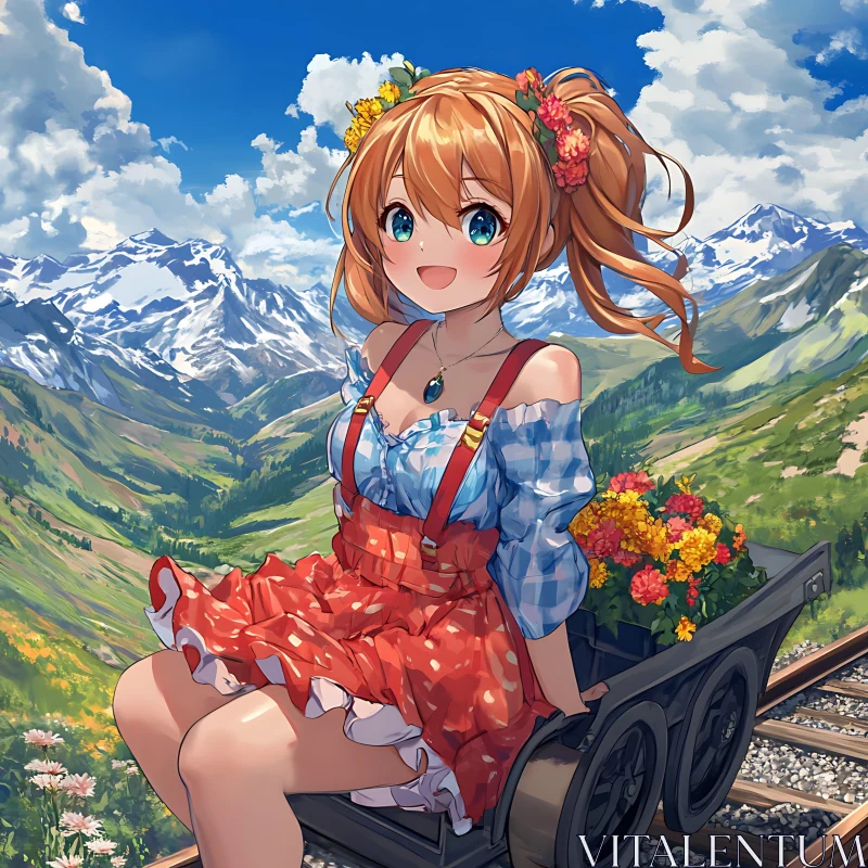 Anime Girl with Flowers and Mountain Scenery