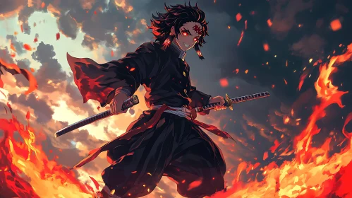 Epic Anime Warrior Surrounded by Fire