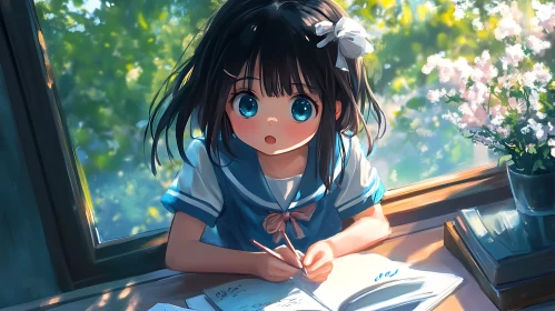 Schoolgirl Drawing in Sunlit Room
