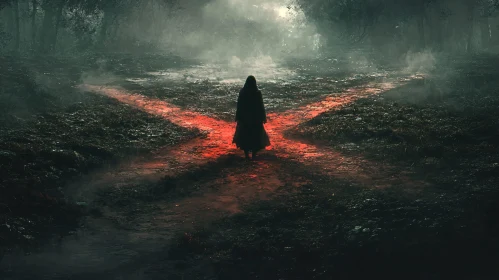 Figure at Crossroads in Misty Forest