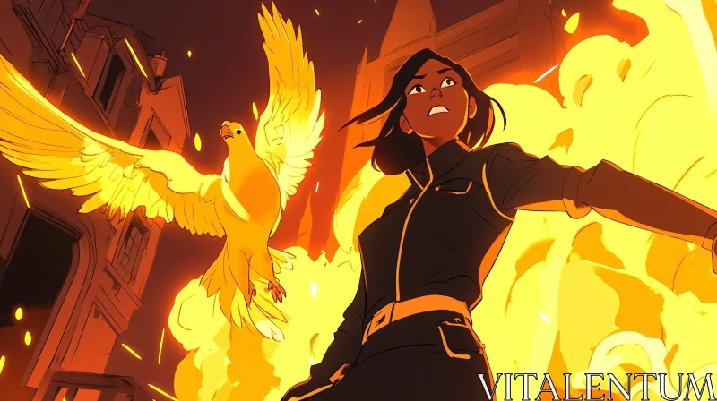 Fiery Cartoon Scene with Woman and Bird AI Image