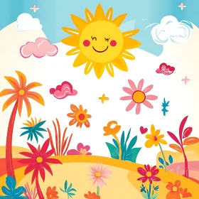 Whimsical Sunny Cartoon Flower Meadow