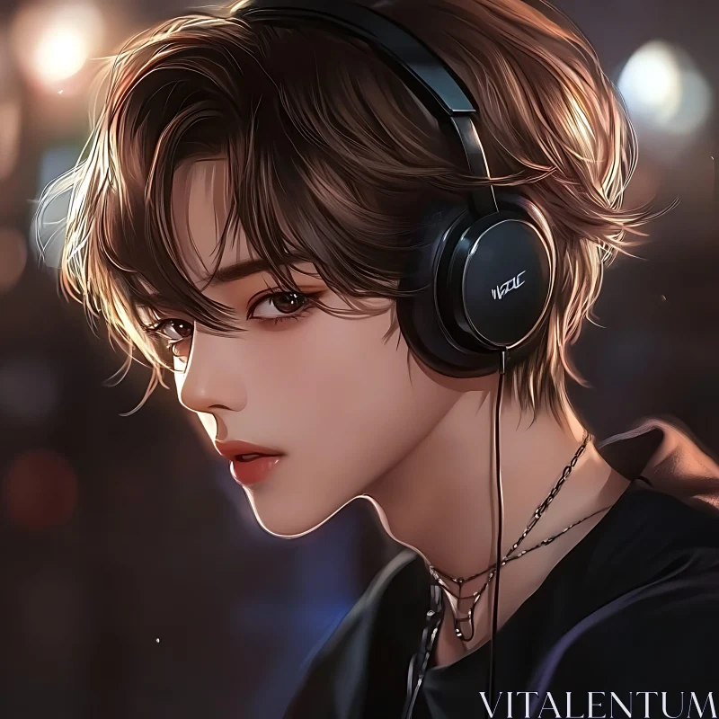 Youthful Anime Character with Headphones AI Image