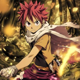 Anime Hero Amidst Flames and Forest