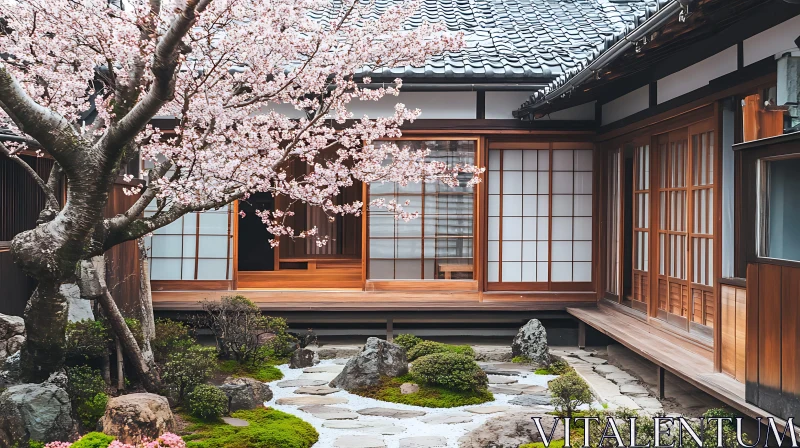 AI ART Tranquil Japanese Garden featuring Traditional Wooden House