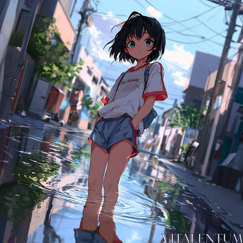 Reflective Puddle Anime Street Scene