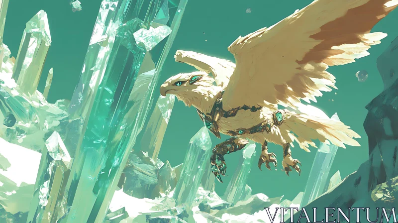 Griffin Flight Among Teal Crystals