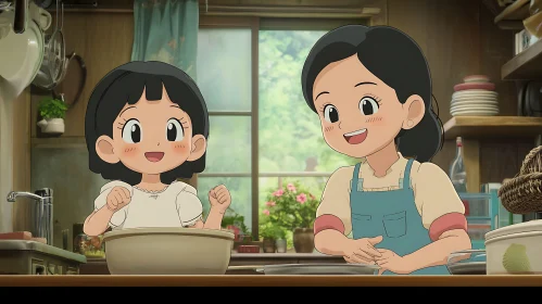 Anime Family Cooking Together in Adorable Kitchen Setting