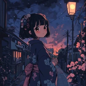 Anime Illustration of a Girl at Sunset in Japan