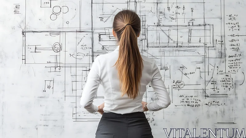 Woman Analyzing Architectural Blueprint Design
