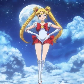 Sailor-Style Anime Character in Moonlit Sky
