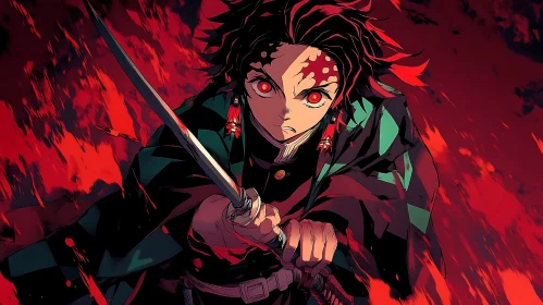 Fierce Anime Warrior with Red Eyes and Sword