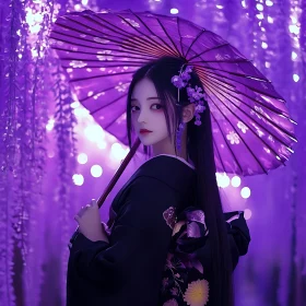 Serene Portrait of a Woman Under a Purple Parasol