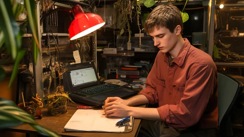 Man Working at Desk Surrounded by Plants