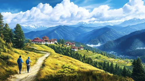 Hikers on Mountain Path with Classic Architecture