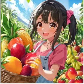 Happy Anime Girl with Fresh Fruits
