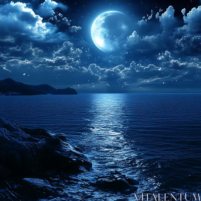 Night Seascape with Moon Reflection