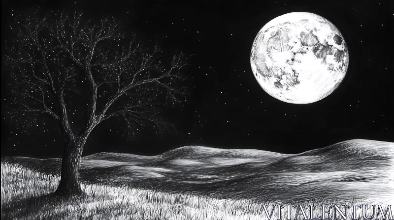Nocturnal Tree and Moon Illustration