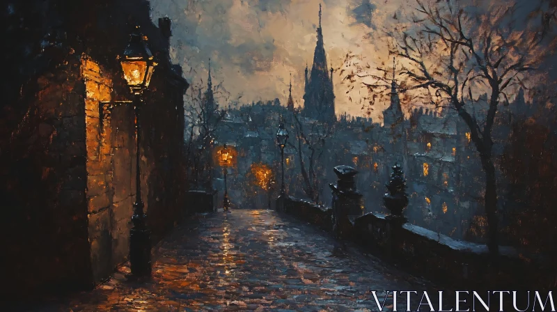 Illuminated Cobblestone Path at Night