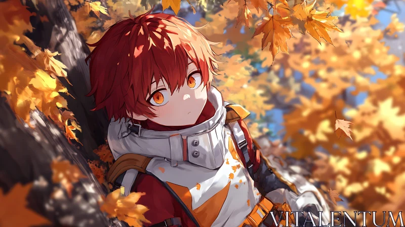 Futuristic Anime Character Amidst Autumn Leaves