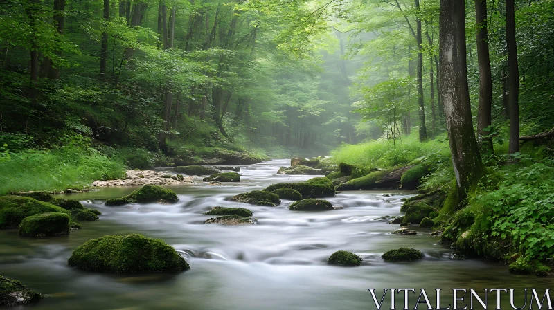 Tranquil River in a Dense Forest AI Image