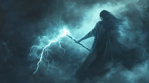 Enigmatic Figure with Lightning Staff