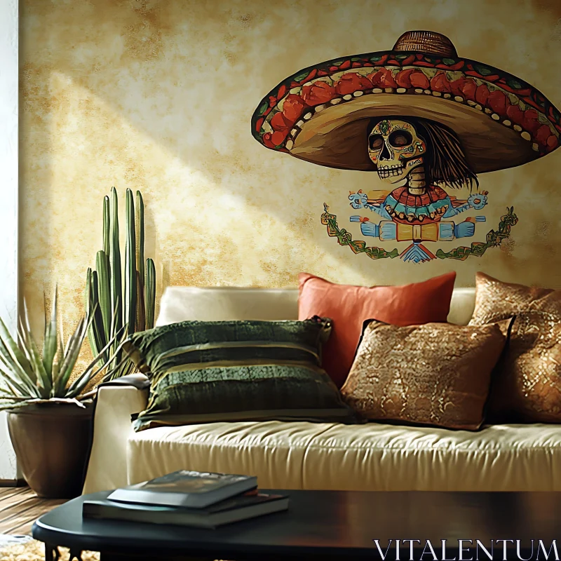 Living Room with Skull Sombrero Painting