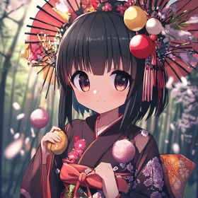 Traditional Kimono-Clad Anime Girl in Serene Forest