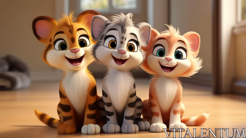 Three Cartoon Cats in Room | Disney Style Soft Realism AI Image