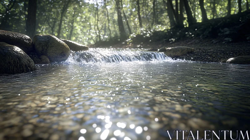 Peaceful Stream Flowing Through Sunlit Forest AI Image