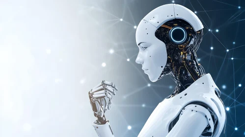 Futuristic Robot Ponders its Metallic Hand