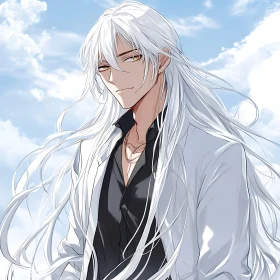 Confident Anime Figure with Flowing White Hair