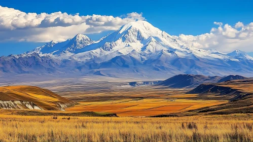 Snowy Mountains and Golden Field Landscape