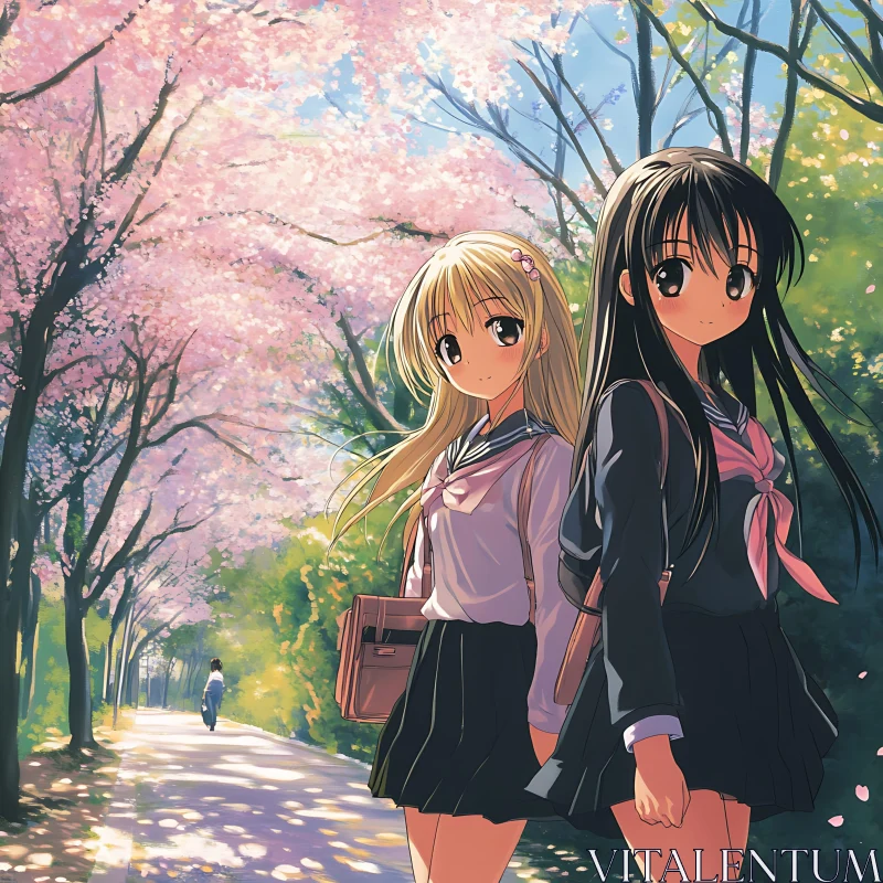 Schoolgirls in Springtime Sakura Wonderland AI Image