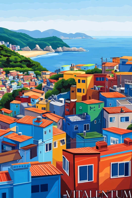 AI ART Vibrant Hillside Urban Scene with Sea and Mountains