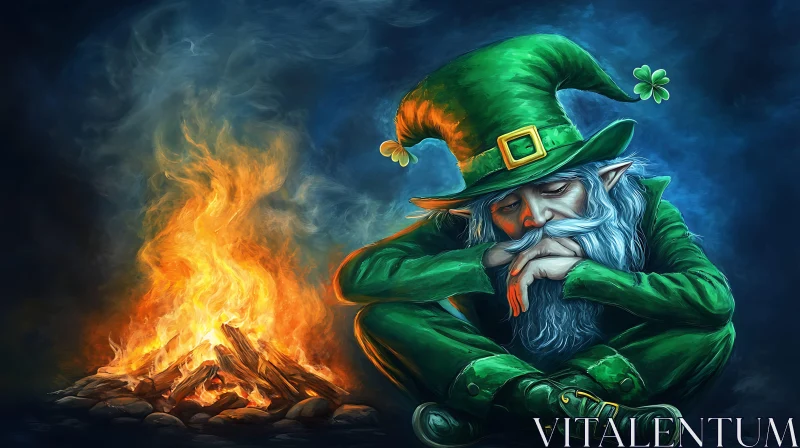 Leprechaun Contemplation by the Fire AI Image